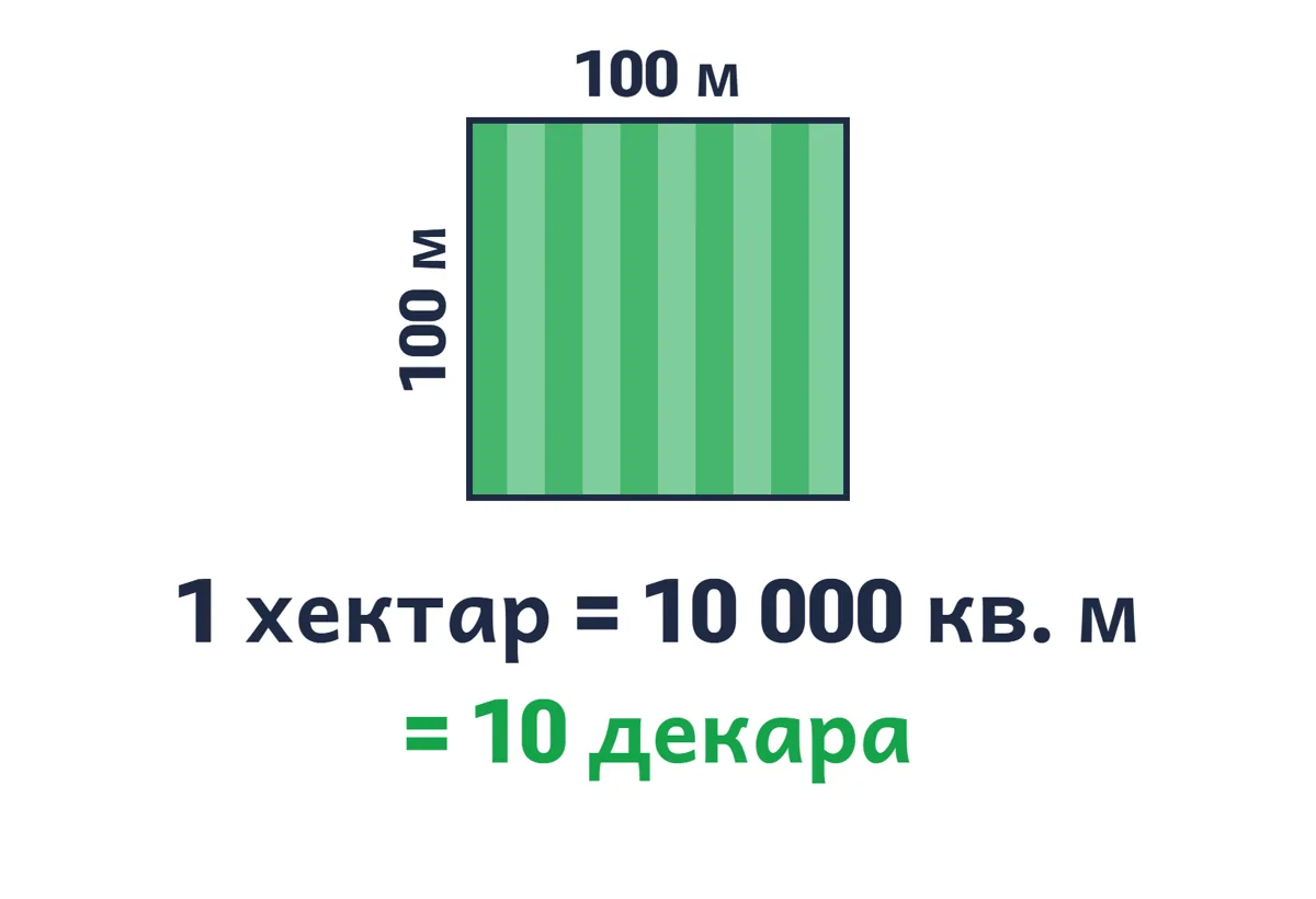 Квадратна нива 100 на 100 метра, надпис „1 хектар = 10 000 кв. м = 10 декара“